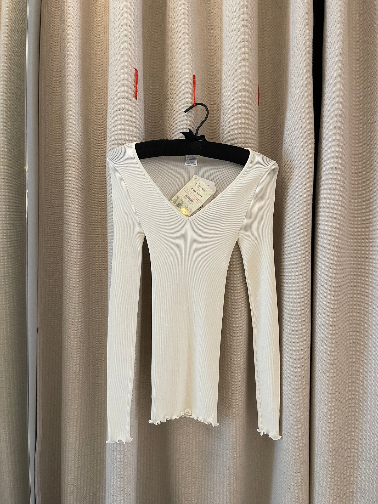 Wool Silk Rib V Neck L/SLV