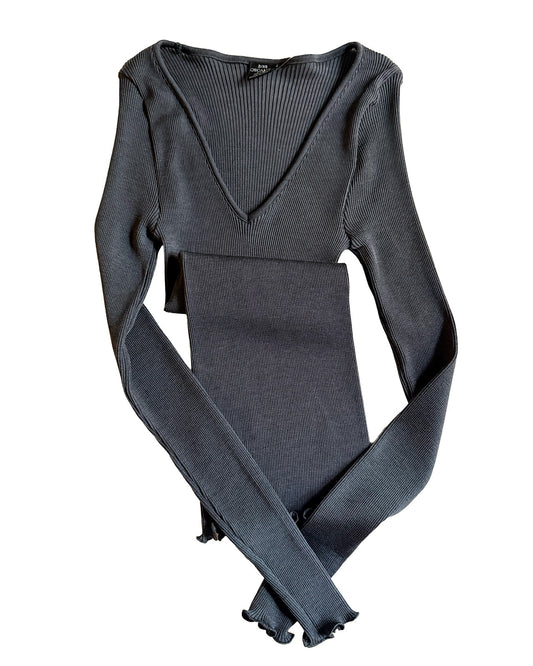 Wool Silk Rib V Neck L/SLV