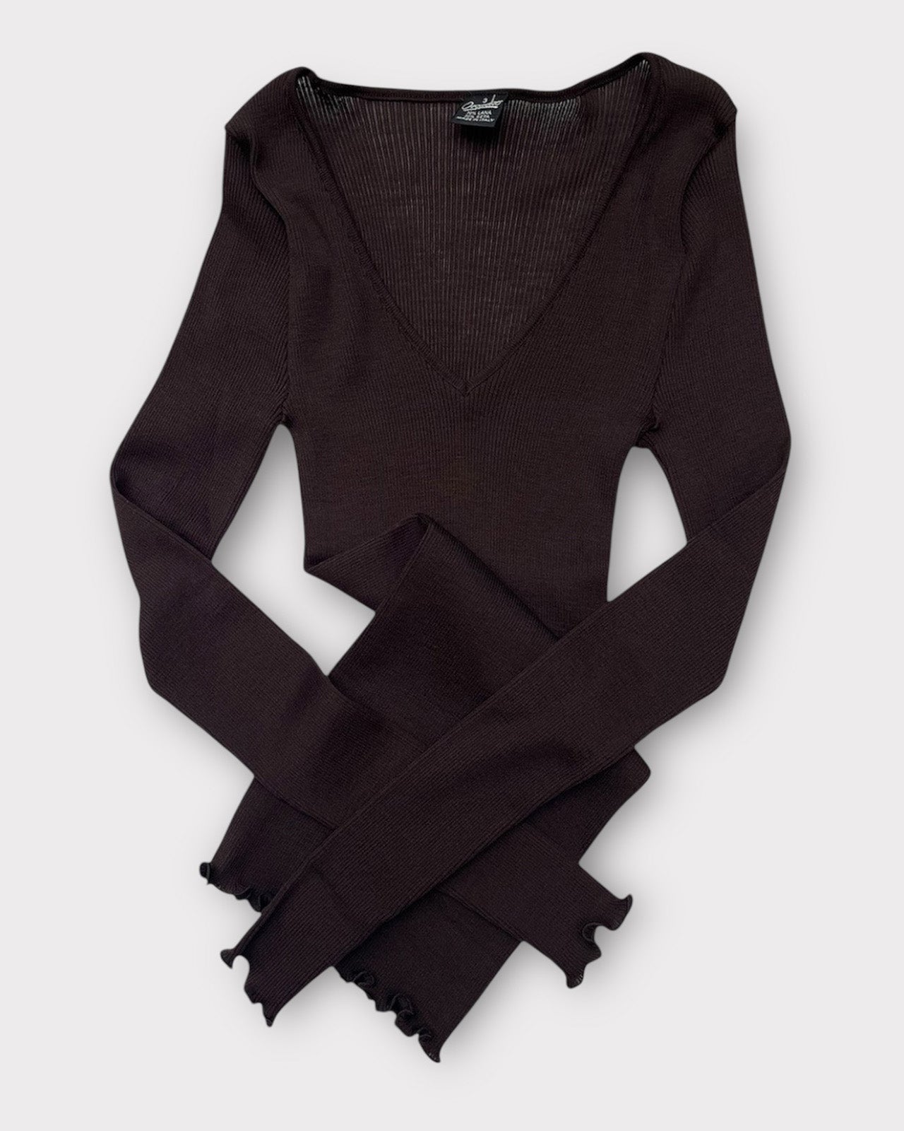 Wool Silk Rib V Neck L/SLV