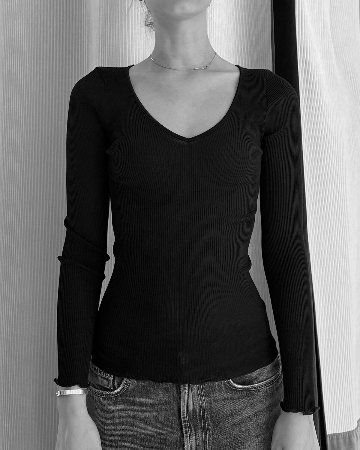 Wool Silk Rib V-Neck L/S